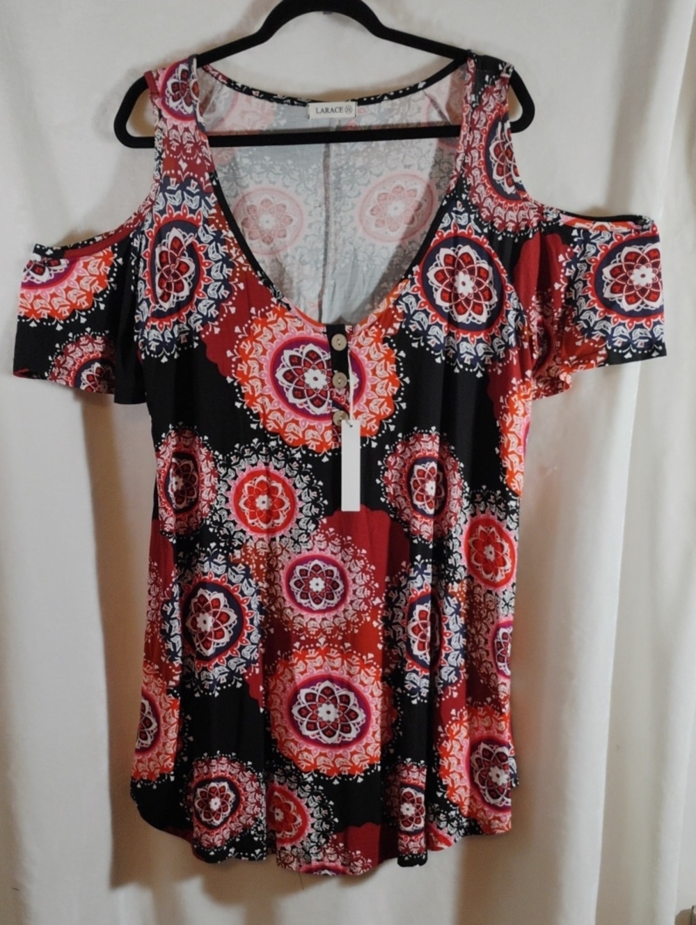 LARAACE Red, Black & Pink Cold-Shoulder Medallion Print Tunic 3X